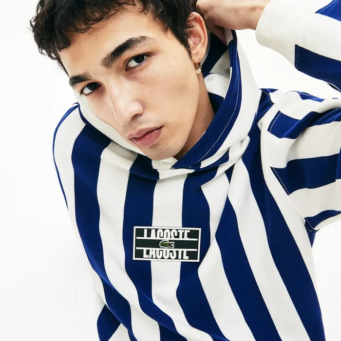 LIVE Striped Fleece Hooded Sweatshirt WhiteNavy Blue Mens Lacoste Sweatshirts For Sale Online