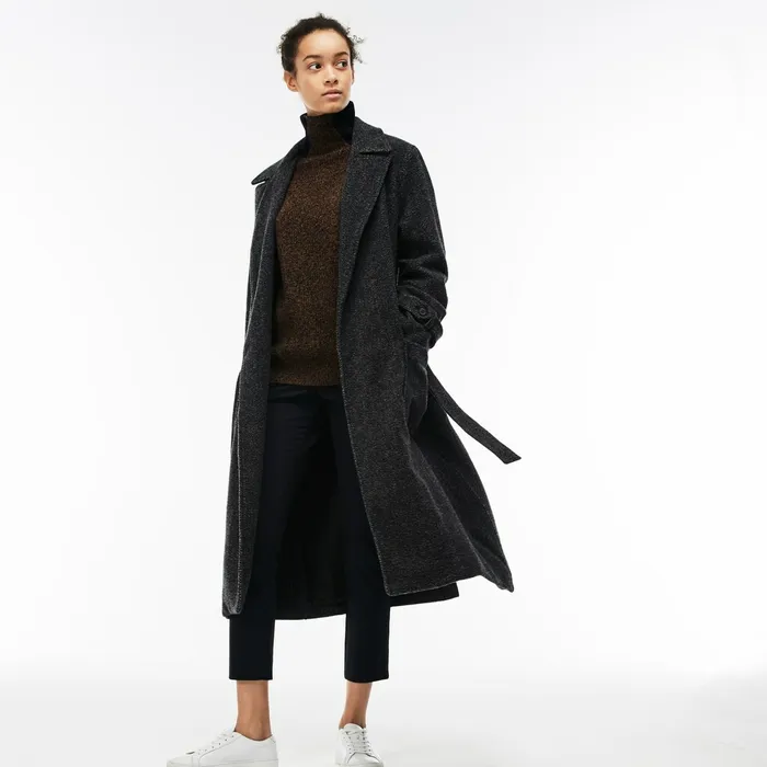Long Belted Tweed Coat Grey Womens Lacoste Jackets and Coats Outlet