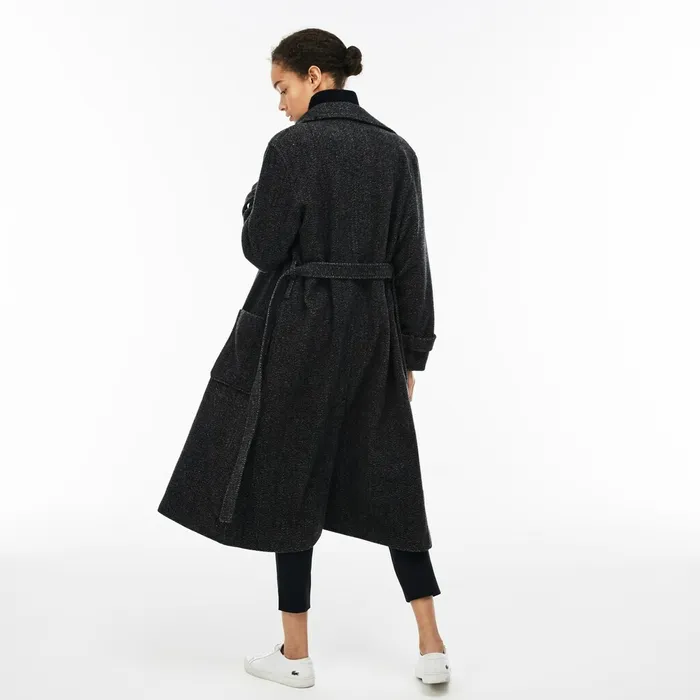Long Belted Tweed Coat Grey Womens Lacoste Jackets and Coats Outlet
