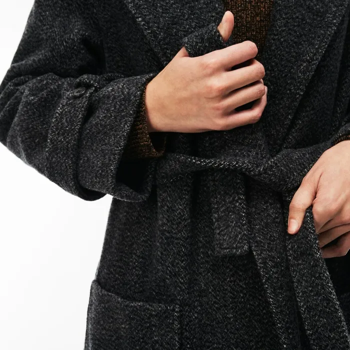 Long Belted Tweed Coat Grey Womens Lacoste Jackets and Coats Outlet