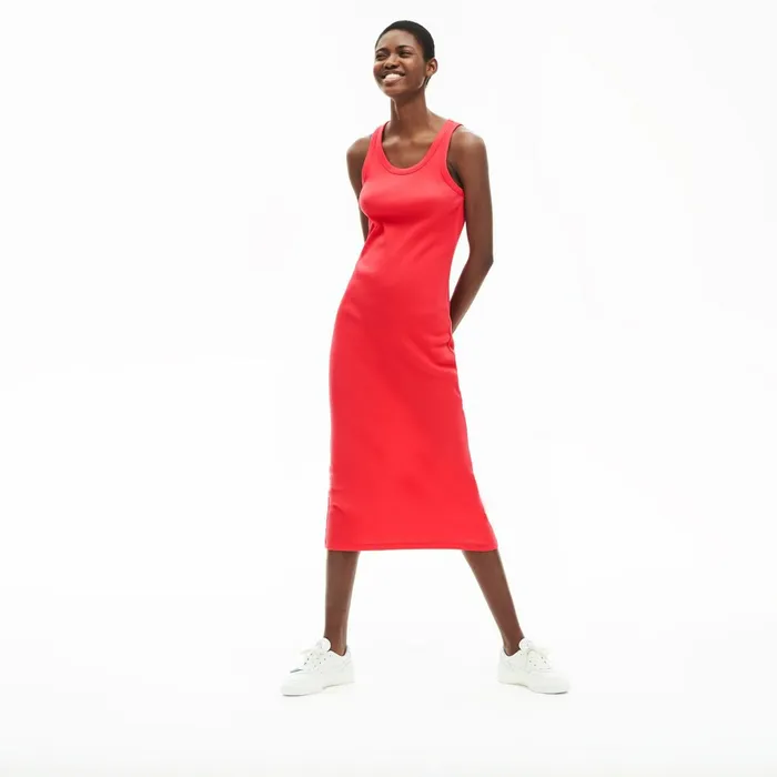 Long Ribbed Cotton Dress Red Womens Lacoste Dresses and Skirts Online Outlet Store
