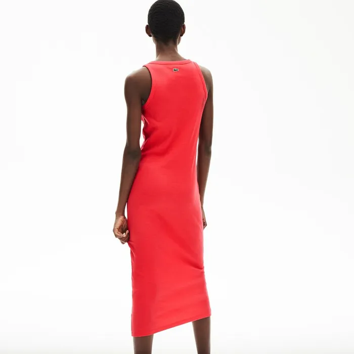 Long Ribbed Cotton Dress Red Womens Lacoste Dresses and Skirts Online Outlet Store