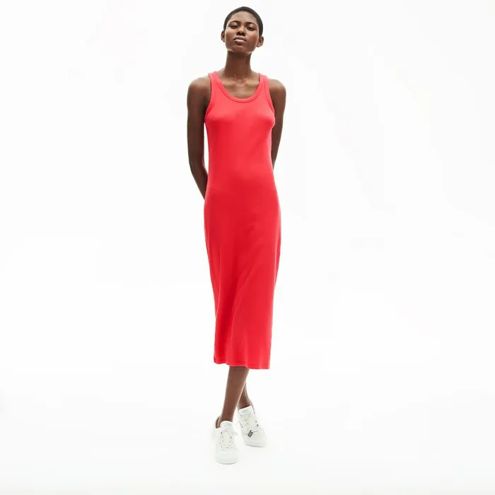 Long Ribbed Cotton Dress Red Womens Lacoste Dresses and Skirts Online Outlet Store