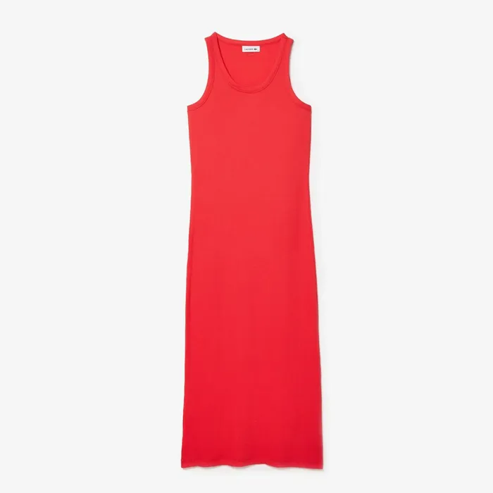Long Ribbed Cotton Dress Red Womens Lacoste Dresses and Skirts Online Outlet Store