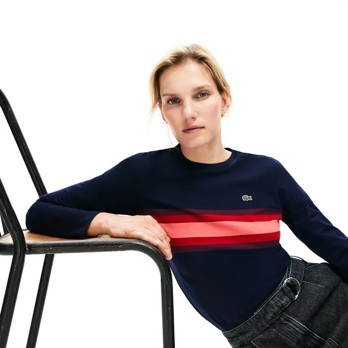 Long Sleeve Multicolor Stripe TShirt Navy BlueBordeauxPink Womens Lacoste TShirts Online Outlet Store