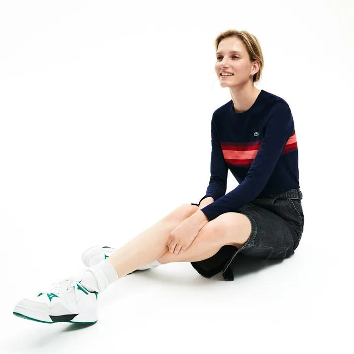 Long Sleeve Multicolor Stripe TShirt Navy BlueBordeauxPink Womens Lacoste TShirts Online Outlet Store