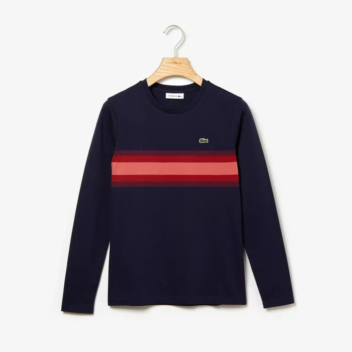 Long Sleeve Multicolor Stripe TShirt Navy BlueBordeauxPink Womens Lacoste TShirts Online Outlet Store