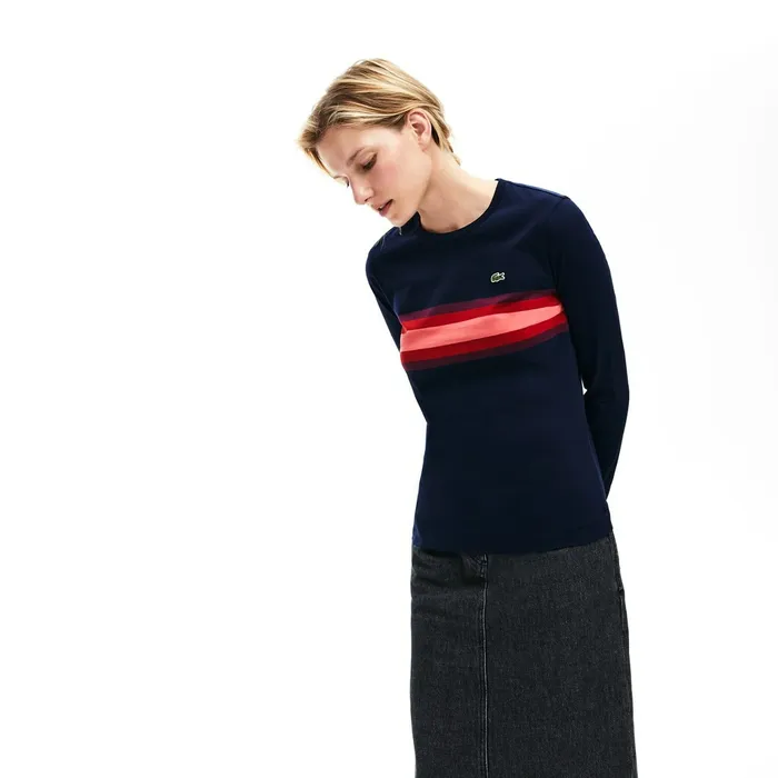 Long Sleeve Multicolor Stripe TShirt Navy BlueBordeauxPink Womens Lacoste TShirts Online Outlet Store