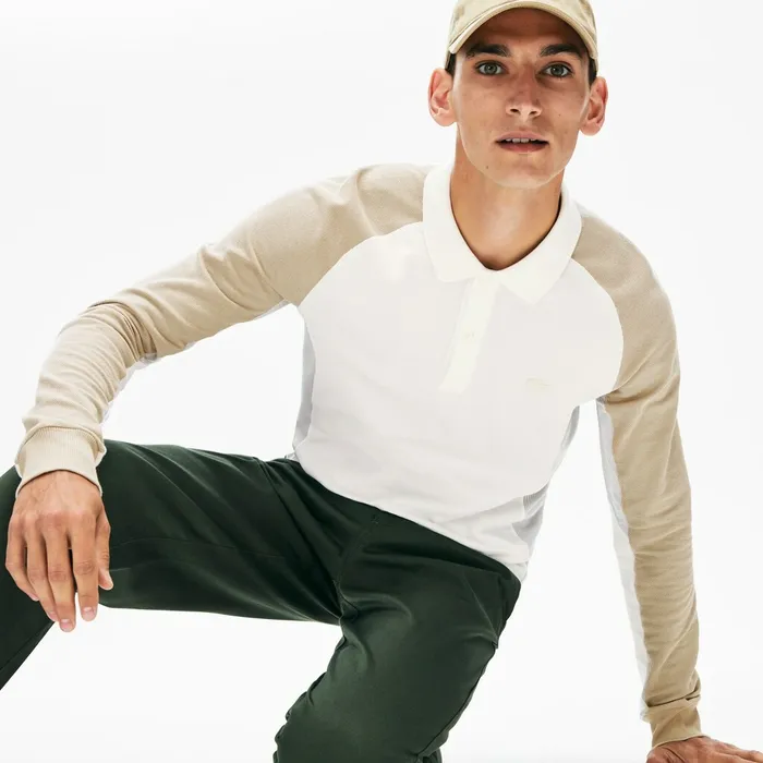 LongSleeved Colorblock Piqu Polo Shirt WhiteGreyBeige Mens Lacoste Polos USA