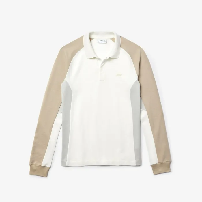 LongSleeved Colorblock Piqu Polo Shirt WhiteGreyBeige Mens Lacoste Polos USA