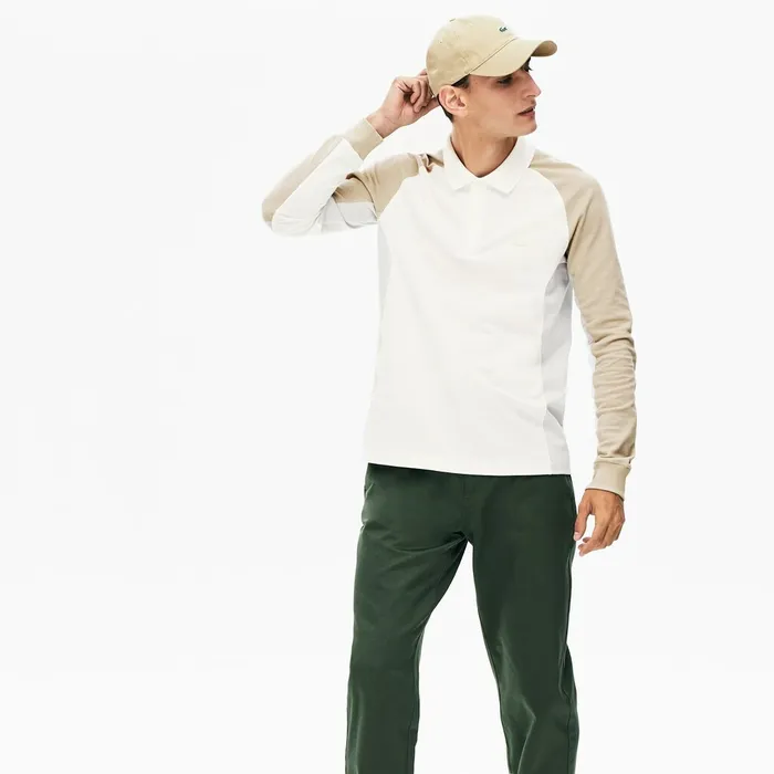 LongSleeved Colorblock Piqu Polo Shirt WhiteGreyBeige Mens Lacoste Polos USA