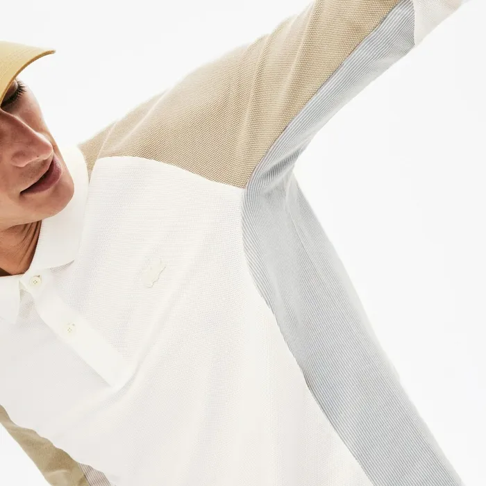 LongSleeved Colorblock Piqu Polo Shirt WhiteGreyBeige Mens Lacoste Polos USA