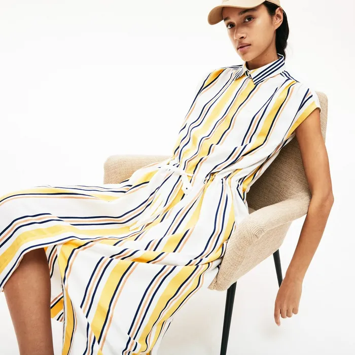Long Striped Shirtdress WhiteNavy BlueYellowLight Brown Womens Lacoste Dresses and Skirts Cheap On Sale