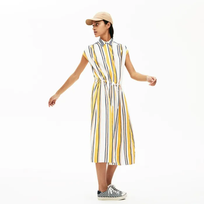 Long Striped Shirtdress WhiteNavy BlueYellowLight Brown Womens Lacoste Dresses and Skirts Cheap On Sale