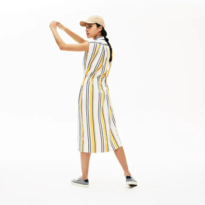 Long Striped Shirtdress WhiteNavy BlueYellowLight Brown Womens Lacoste Dresses and Skirts Cheap On Sale