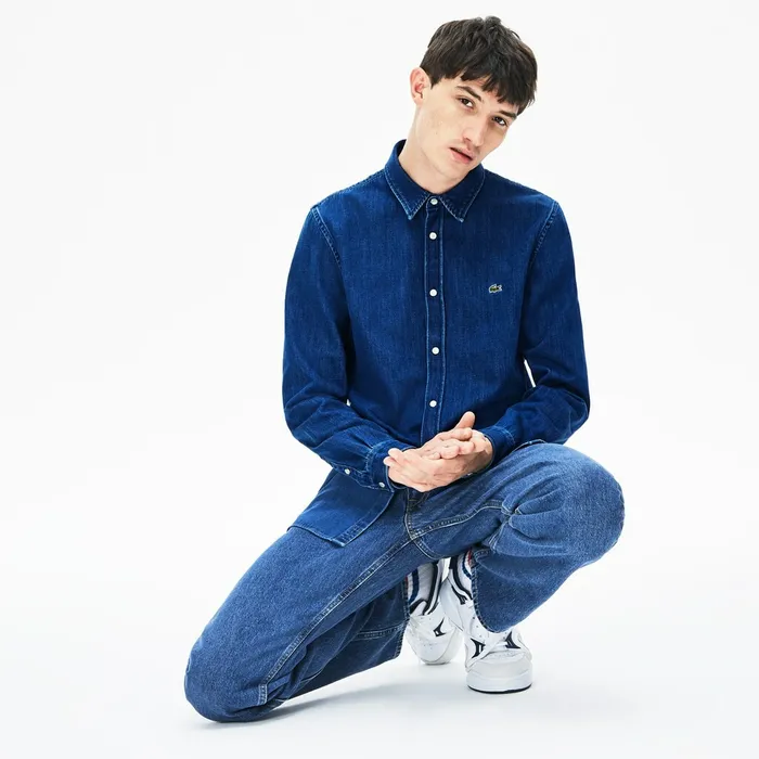 Loose Fit SnapButton Denim Shirt Blue Mens Lacoste Button Down Shirts Gift for Friend