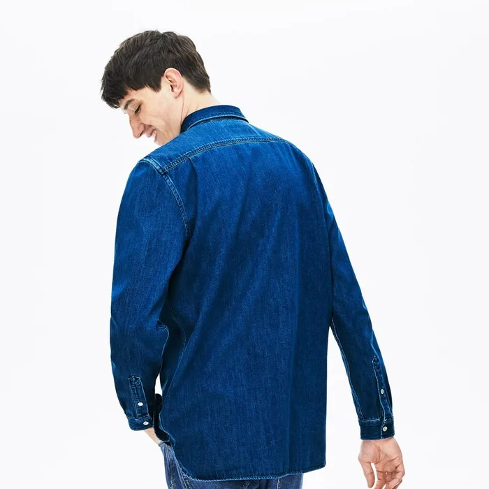 Loose Fit SnapButton Denim Shirt Blue Mens Lacoste Button Down Shirts Gift for Friend