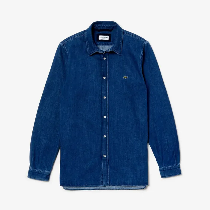 Loose Fit SnapButton Denim Shirt Blue Mens Lacoste Button Down Shirts Gift for Friend