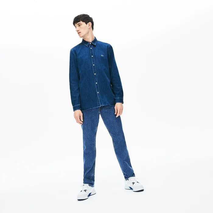 Loose Fit SnapButton Denim Shirt Blue Mens Lacoste Button Down Shirts Gift for Friend