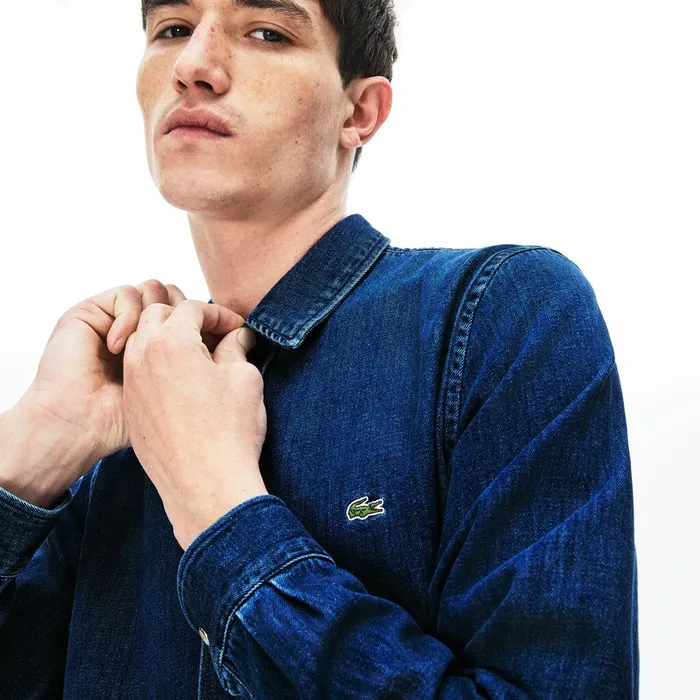 Loose Fit SnapButton Denim Shirt Blue Mens Lacoste Button Down Shirts Gift for Friend