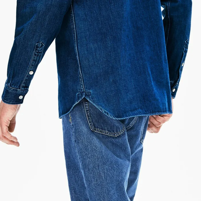 Loose Fit SnapButton Denim Shirt Blue Mens Lacoste Button Down Shirts Gift for Friend
