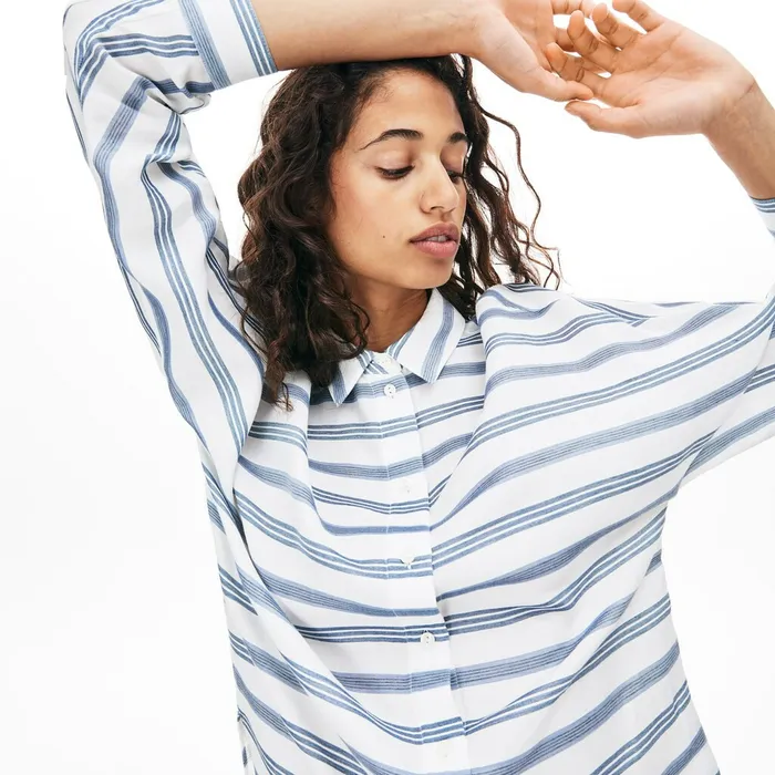 Loose Fit Striped Lightweight Cotton Shirt WhiteNavy BlueBlue Womens Lacoste Shirts and Tops Shop Online