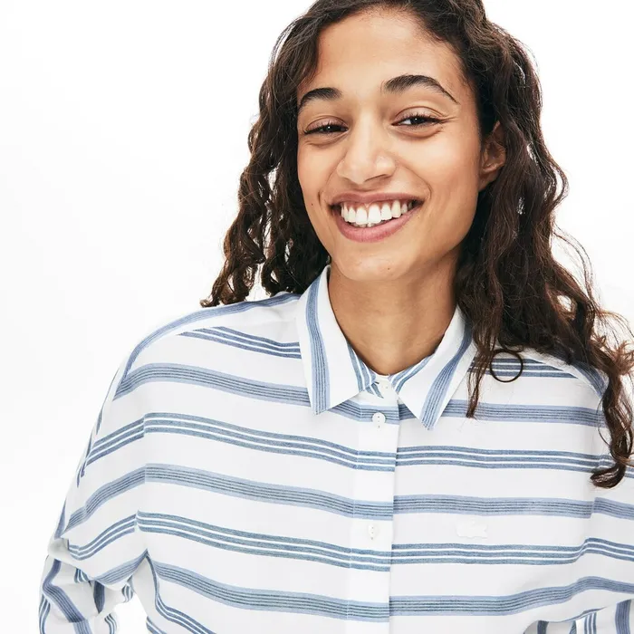 Loose Fit Striped Lightweight Cotton Shirt WhiteNavy BlueBlue Womens Lacoste Shirts and Tops Shop Online