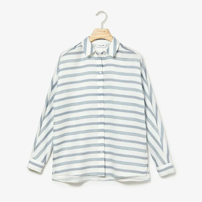 Loose Fit Striped Lightweight Cotton Shirt WhiteNavy BlueBlue Womens Lacoste Shirts and Tops Shop Online