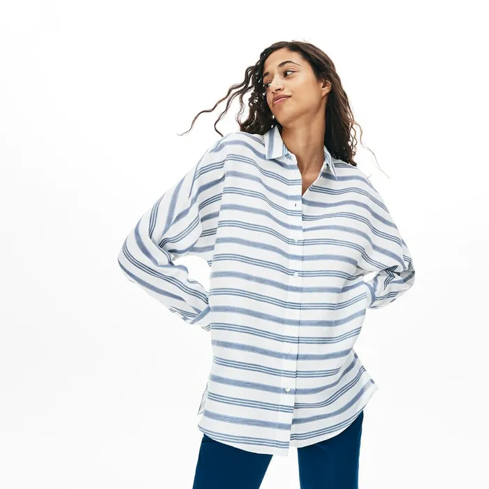 Loose Fit Striped Lightweight Cotton Shirt WhiteNavy BlueBlue Womens Lacoste Shirts and Tops Shop Online