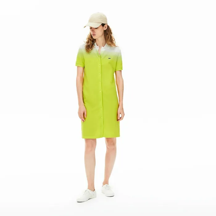 Made in France Cotton Piqu Polo Dress Flashy YellowWhite Womens Lacoste Dresses and Skirts USA