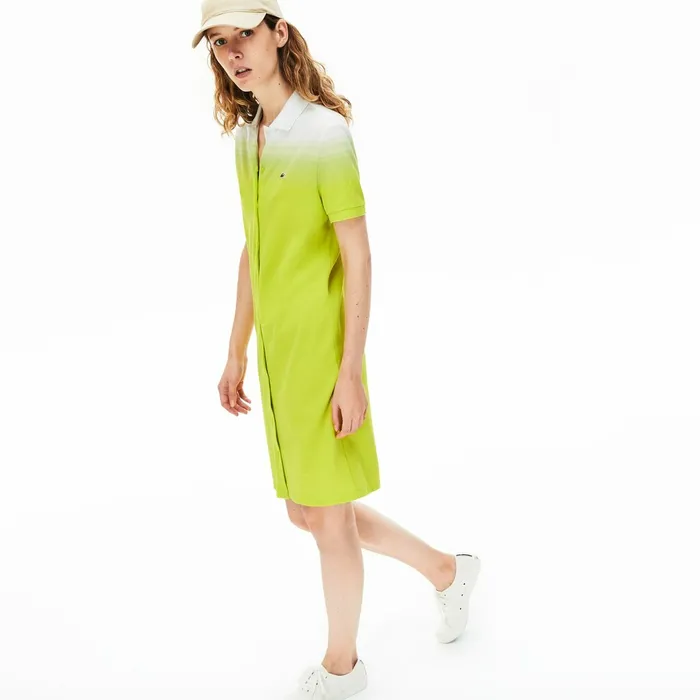 Made in France Cotton Piqu Polo Dress Flashy YellowWhite Womens Lacoste Dresses and Skirts USA