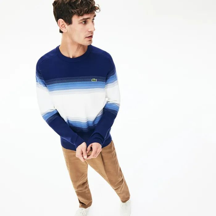 Made In France Degraded Cotton Crew Neck Sweater Navy BlueBlueWhite Mens Lacoste Sweaters Outlet Factory
