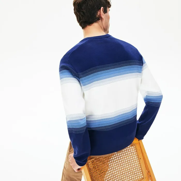 Made In France Degraded Cotton Crew Neck Sweater Navy BlueBlueWhite Mens Lacoste Sweaters Outlet Factory
