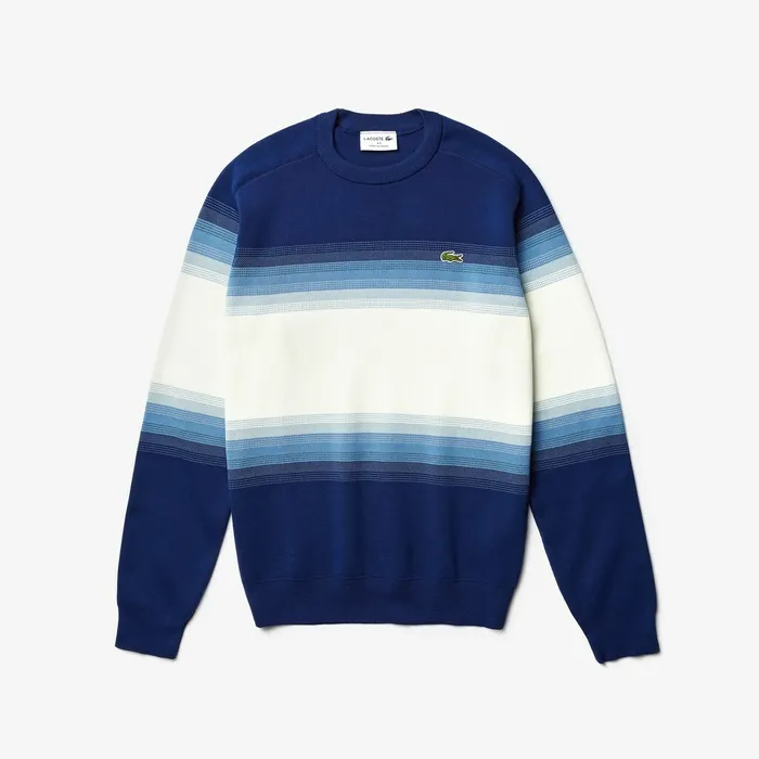 Made In France Degraded Cotton Crew Neck Sweater Navy BlueBlueWhite Mens Lacoste Sweaters Outlet Factory