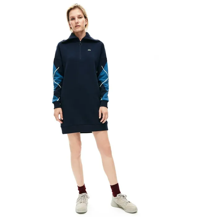 Made In France Jacquard Patterned Fleece Sweatshirt Dress Navy Blue Womens Lacoste Dresses and Skirts Store