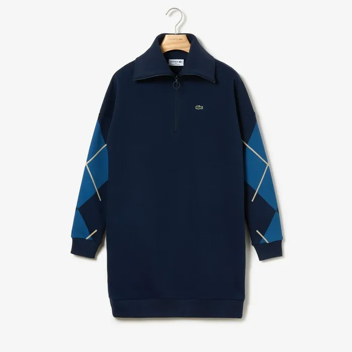 Made In France Jacquard Patterned Fleece Sweatshirt Dress Navy Blue Womens Lacoste Dresses and Skirts Store