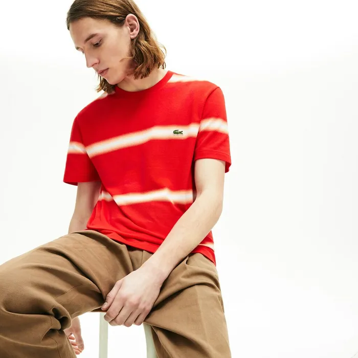 Made in France Striped Cotton Piqu Crew Neck Tshirt RedWhite Mens Lacoste TShirts Near Me