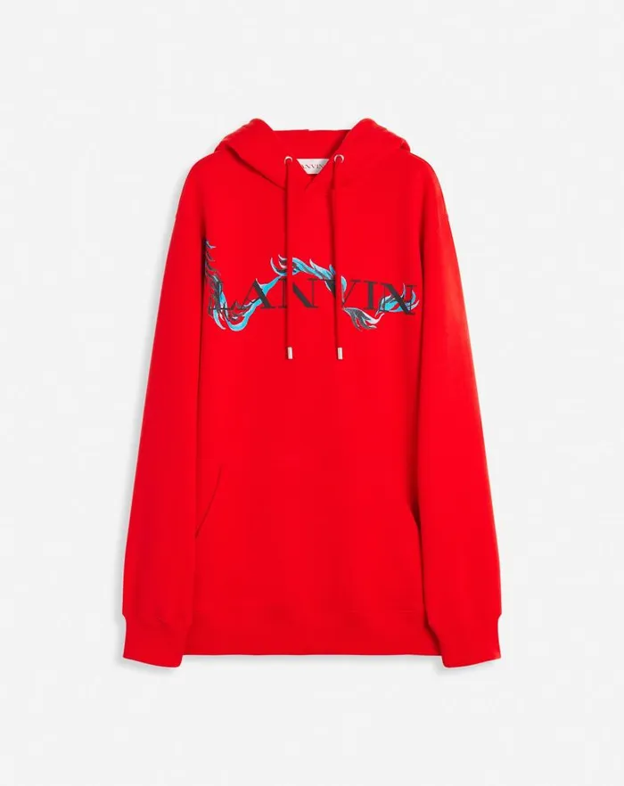 Men Lanvin Coats and Jackets Unisex Dragon Print Loosefitting Hoodie Flame