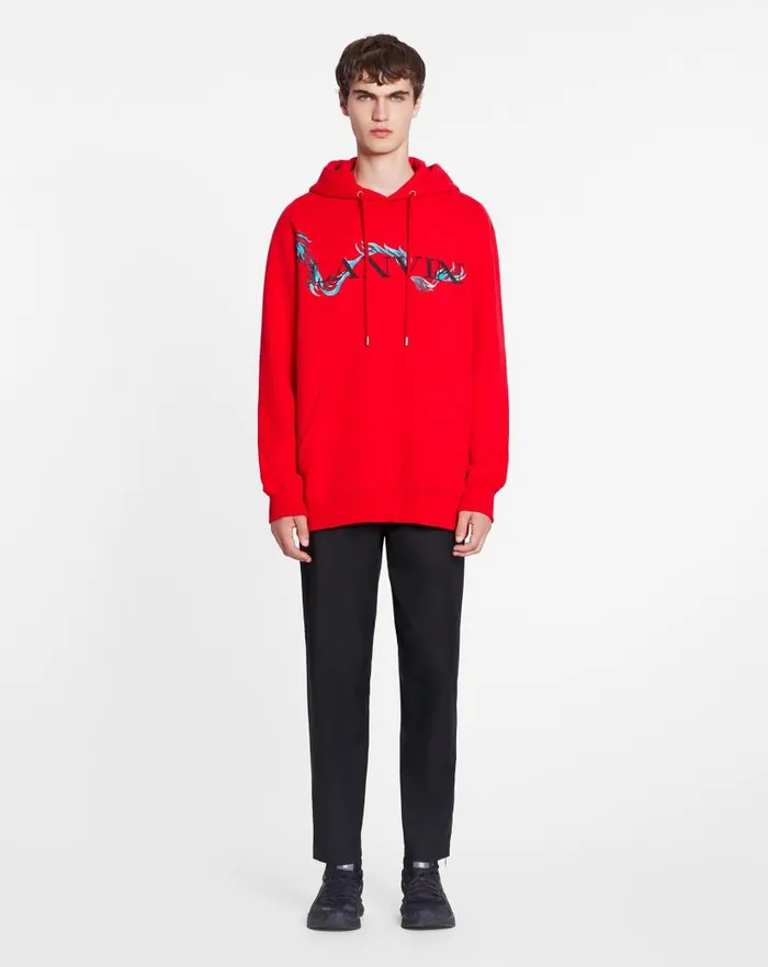 Men Lanvin Coats and Jackets Unisex Dragon Print Loosefitting Hoodie Flame Men Lanvin Coats and Jackets Unisex Dragon Print Loosefitting Hoodie Flame