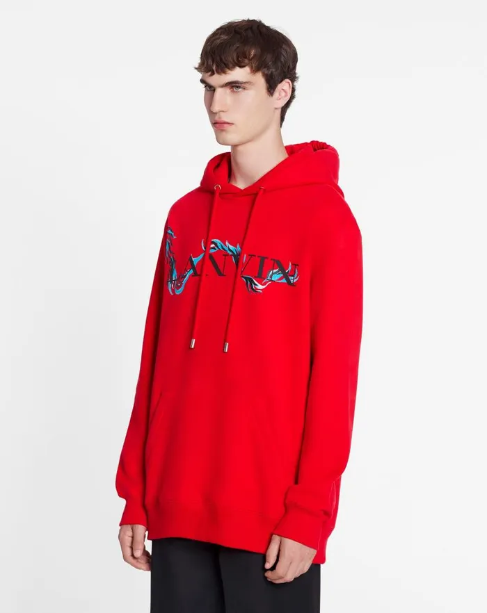 Men Lanvin Coats and Jackets Unisex Dragon Print Loosefitting Hoodie Flame Men Lanvin Coats and Jackets Unisex Dragon Print Loosefitting Hoodie Flame