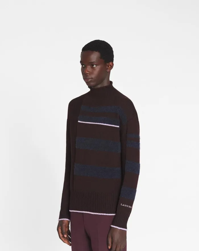 Men Lanvin Knitwear and Sweatshirts Striped Mock Turtleneck Sweater Marron Glace Men Lanvin Knitwear and Sweatshirts Striped Mock Turtleneck Sweater Marron Glace