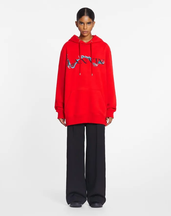Men Lanvin Knitwear and Sweatshirts Unisex Dragon Print Loosefitting Hoodie Flame Men Lanvin Knitwear and Sweatshirts Unisex Dragon Print Loosefitting Hoodie Flame