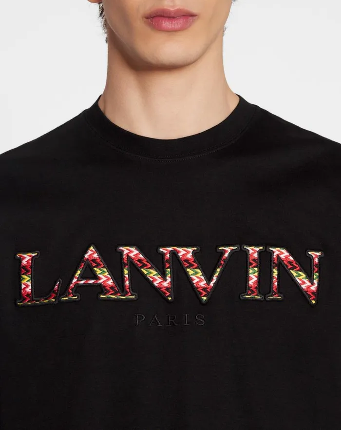 Men Lanvin Tshirts and Polos Classic Curb Embroidered Tshirt Black