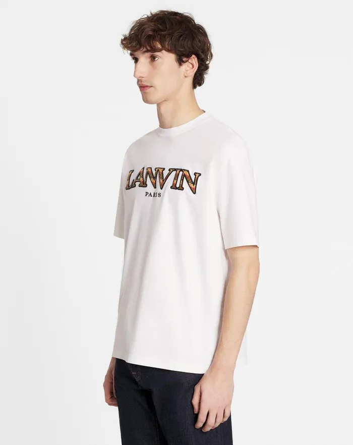 Men Lanvin Tshirts and Polos Classic Curb Embroidered Tshirt Optical White