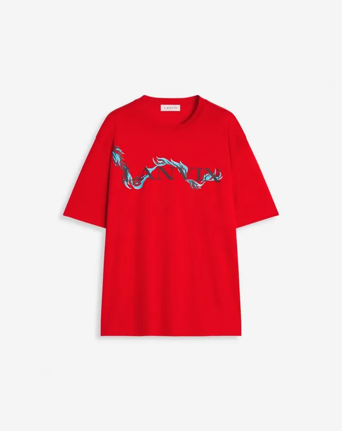 Men Lanvin Tshirts and Polos Unisex Dragon Print Loosefitting Tshirt Flame