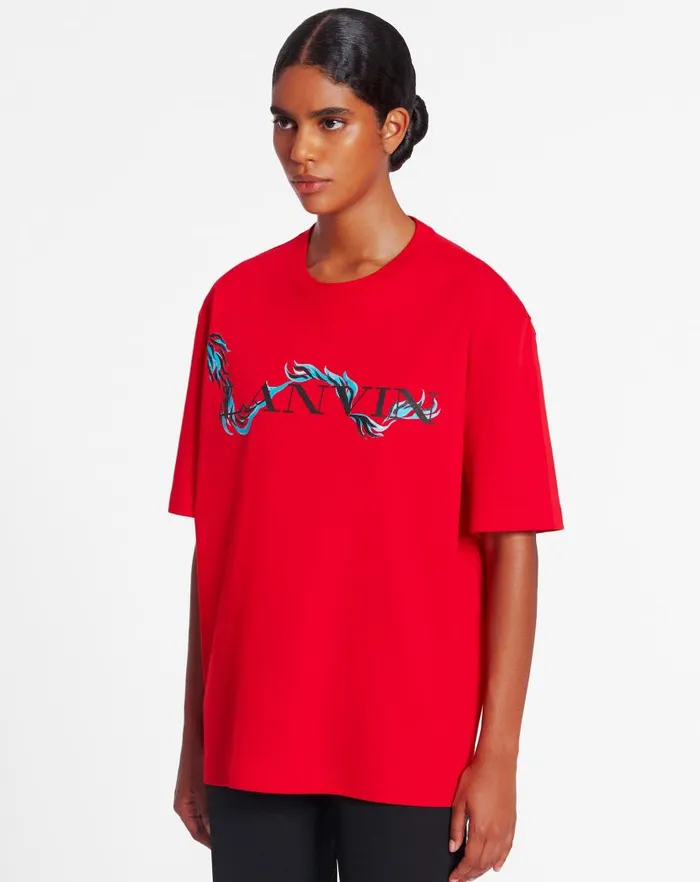 Men Lanvin Tshirts and Polos Unisex Dragon Print Loosefitting Tshirt Flame Men Lanvin Tshirts and Polos Unisex Dragon Print Loosefitting Tshirt Flame