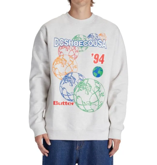Men Sweatshirts and Hoodies DC Men039s Butter Goods X DC World Crewneck Sweatshirt Snow Heather