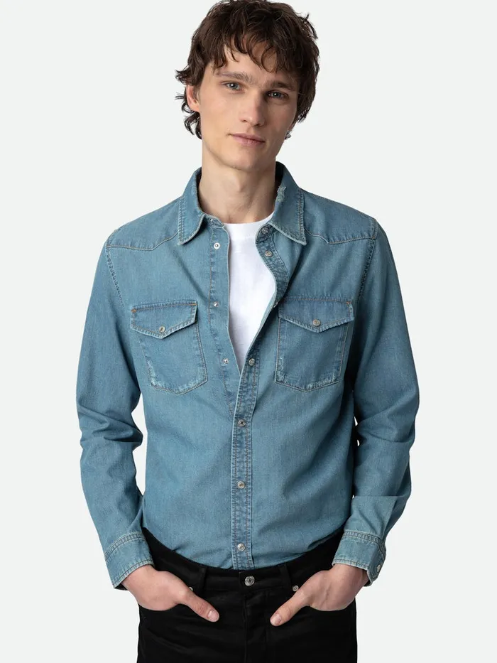 Men Zadig and Voltaire Shirts Stan Denim Shirt Ciel Stone