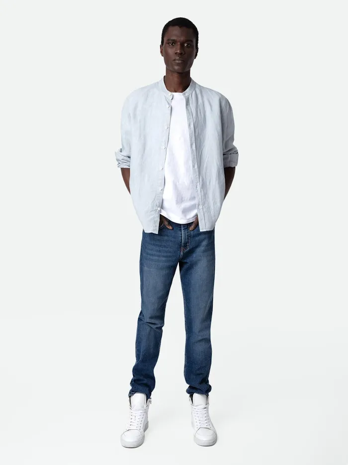 Men Zadig and Voltaire Shirts Stan Linen Band Collar Shirt Ciel