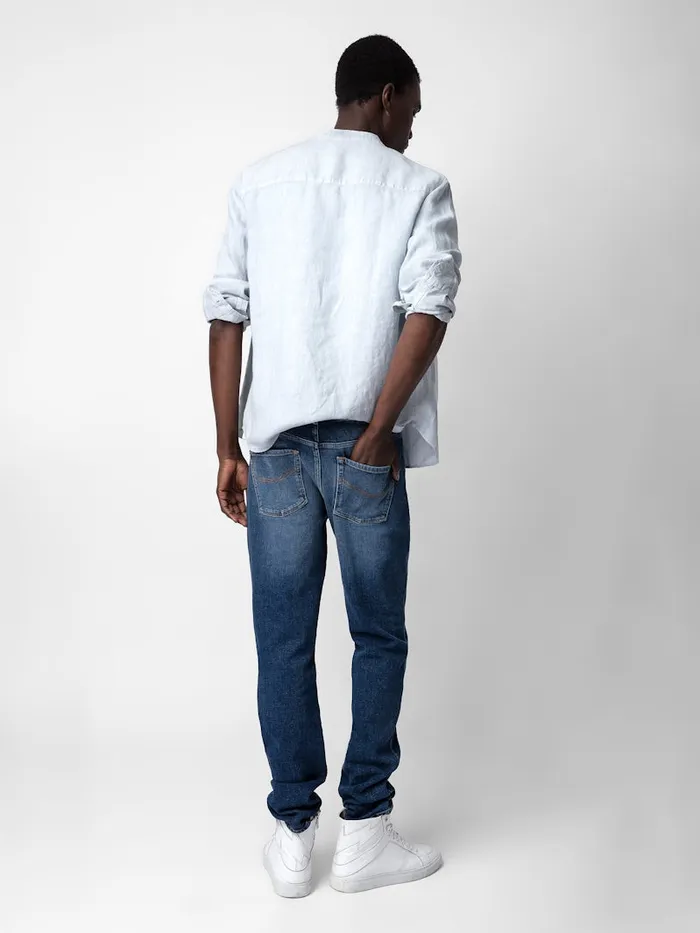 Men Zadig and Voltaire Shirts Stan Linen Band Collar Shirt Ciel